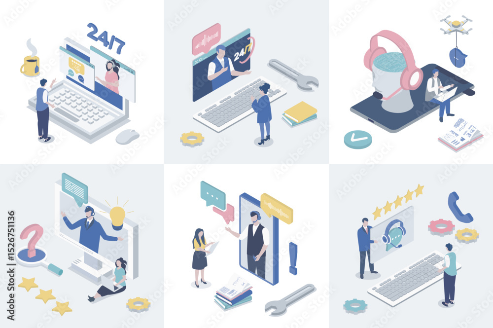 Leinwandbilder Customer support 3d isometry concept for web design. Collection set with isometric people calling at technical solution center with operators, online assistance and feedback. Vector illustration.