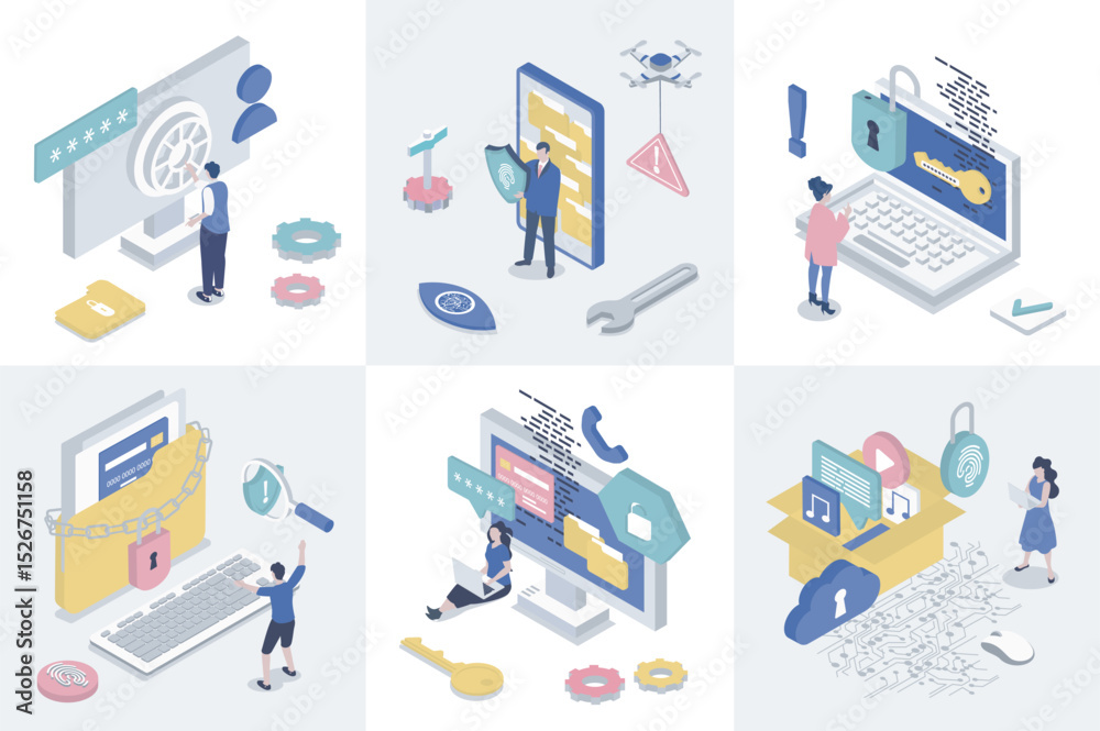 Aufkleber Cyber security 3d isometry concept for web design. Collection set with isometric people using safety access with data privacy protection, fingerprint verification and passwords. Vector illustration.