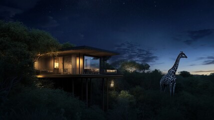 Safari lodge at night under a full moon. African landscape. Travel and adventure.