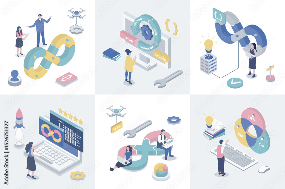 Aufkleber DevOps 3d isometry concept for web design. Collection set with isometric people using agile development operation practice, programming, creating and release products cycles. Vector illustration.