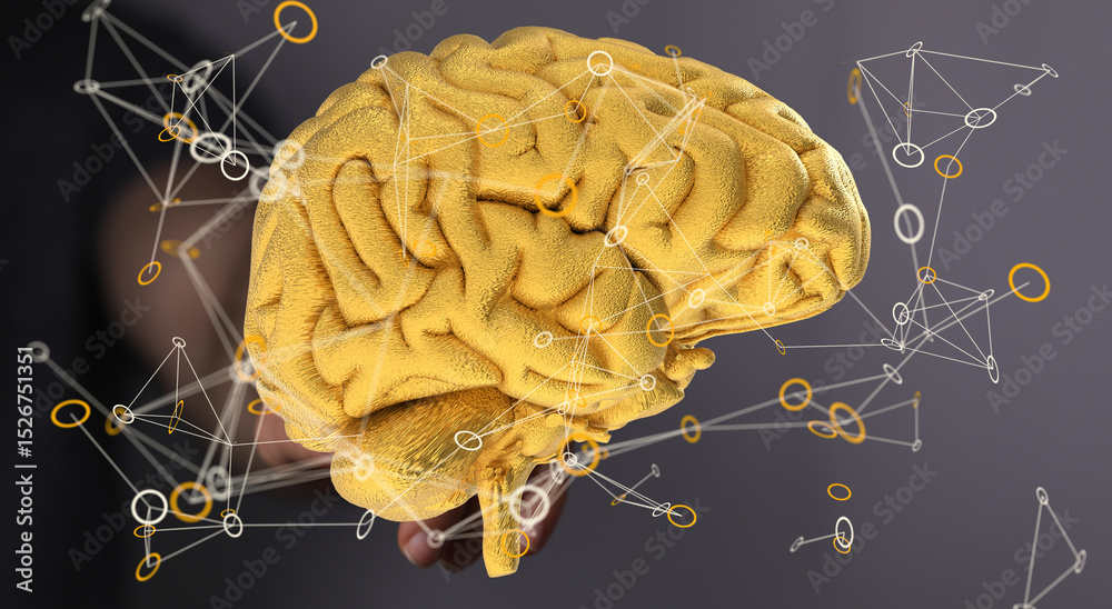 Poster Abstract image of a golden brain with interconnected nodes. Represents AI, neural networks, or brainpower.