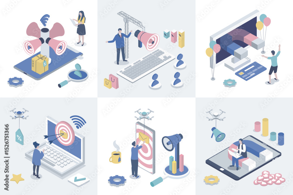 Aufkleber Digital marketing 3d isometry concept for web design. Collection set with isometric people making online promotion, advertising targeting, business communication with clients. Vector illustration.