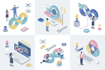 DevOps 3d isometry concept for web design. Collection set with isometric people using agile development operation practice, programming, creating and release products cycles. Vector illustration.