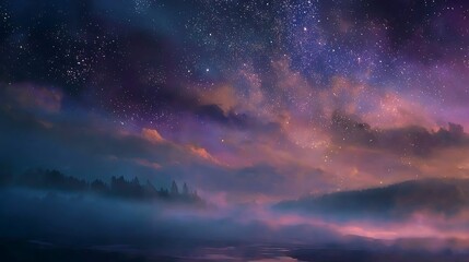 Fototapeta premium starry night sky, glowing cloudy atmosphere, vibrant ethereal colors, mist and fog, dreamy landscape