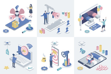 Digital marketing 3d isometry concept for web design. Collection set with isometric people making online promotion, advertising targeting, business communication with clients. Vector illustration.