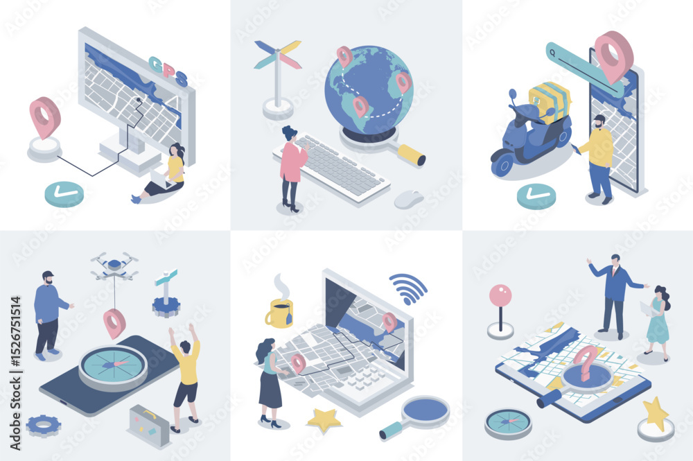 Leinwandbilder GPS navigation 3d isometry concept for web design. Collection set with isometric people using online global positioning system with maps, compass navigator, location pointers. Vector illustration.