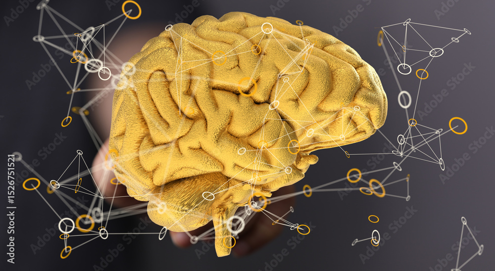 Poster Abstract image of a golden brain with connecting lines, representing neural networks and intelligence.