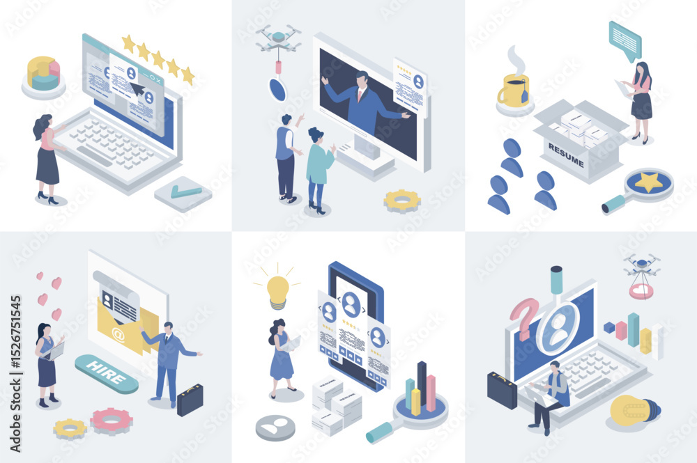 Poster hr process 3d isometry concept for web design. collection set with isometric people looking candidat