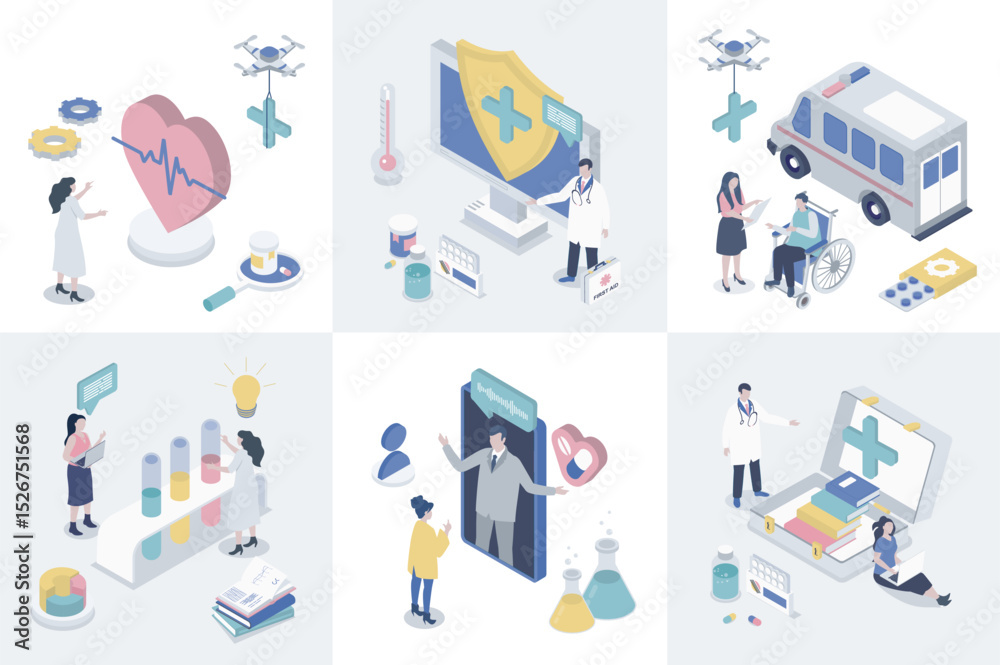 Poster medicine 3d isometry concept for web design. collection set with isometric people getting online con