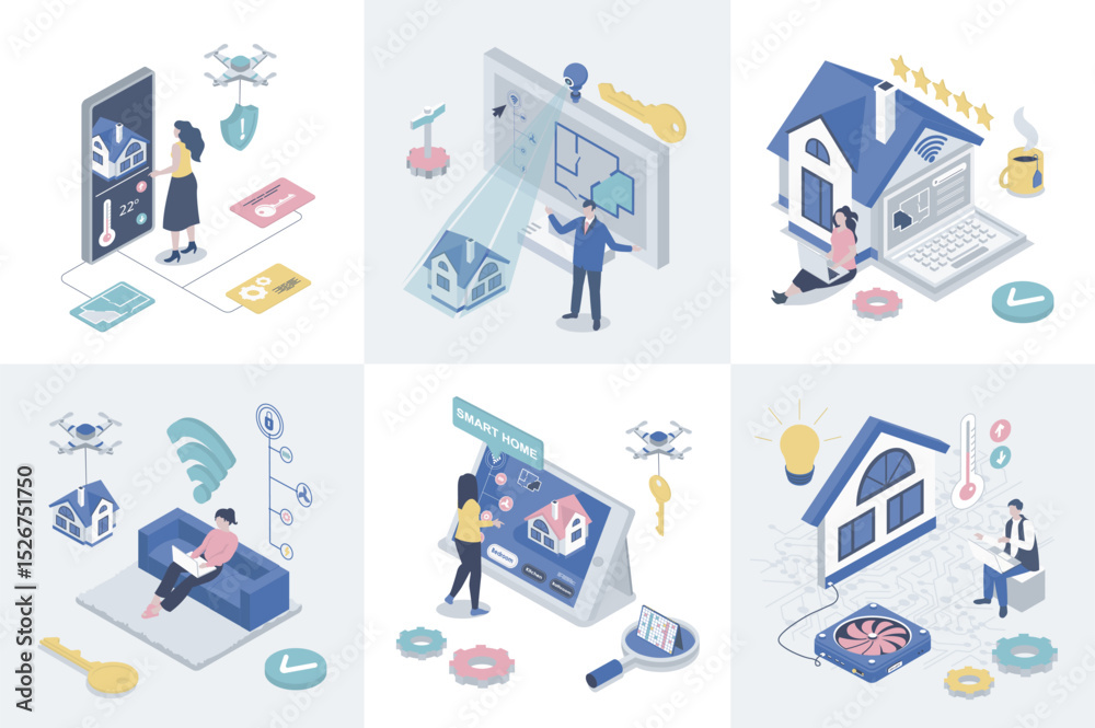 Aufkleber Smart home 3d isometry concept for web design. Collection set with isometric people monitoring surveillance security system, wireless connection with different sensors in house. Vector illustration.