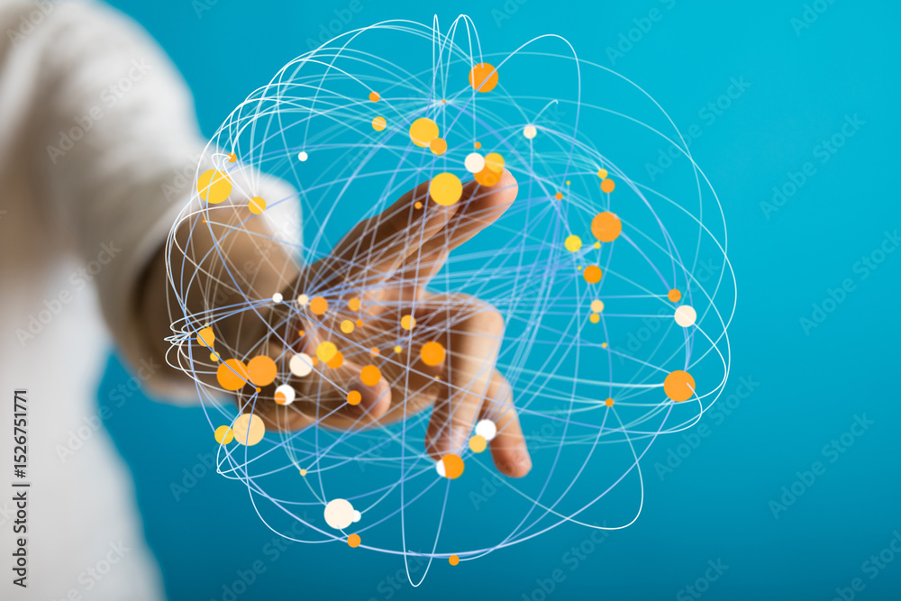 Leinwandbilder Abstract image of a hand interacting with a digital network, representing global connections and data.