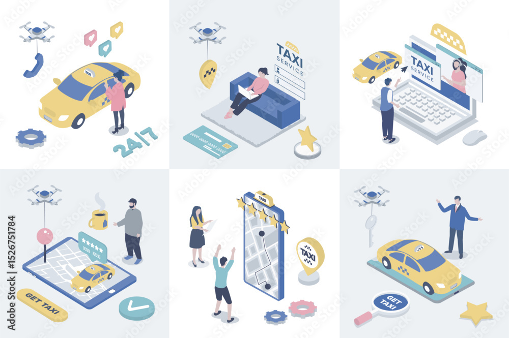 Leinwandbilder Taxi service 3d isometry concept for web design. Collection set with isometric people booking car online, tracking traffic and map navigation in app, call for ordering transfer. Vector illustration.