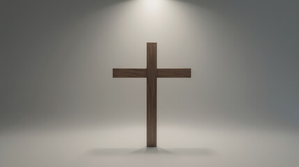 Naklejka premium Wooden cross illuminated by soft light creates serene and spiritual atmosphere. This symbolizes faith and hope, inviting reflection
