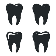Four Black Tooth Icons on a White Background Representing Dental Health Hygiene Dentistry and Oral Care in a Simple Graphic Design