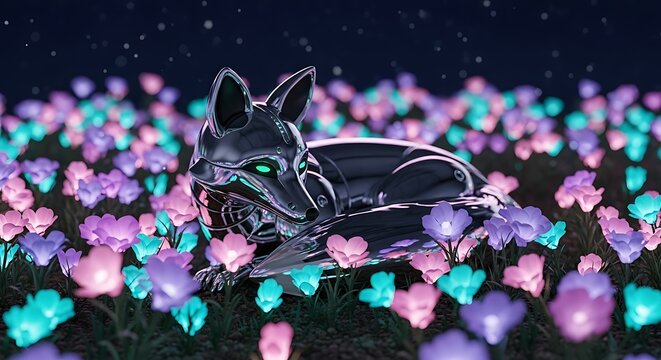 Mechanical fox curled in a glowing flowerbed at night, surrounded by bioluminescent petals in a tranquil futuristic scene
