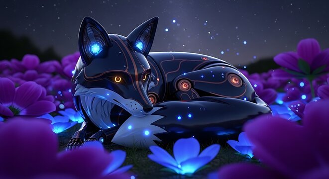 Mechanical fox curled in a glowing flowerbed at night, surrounded by bioluminescent petals in a tranquil futuristic scene