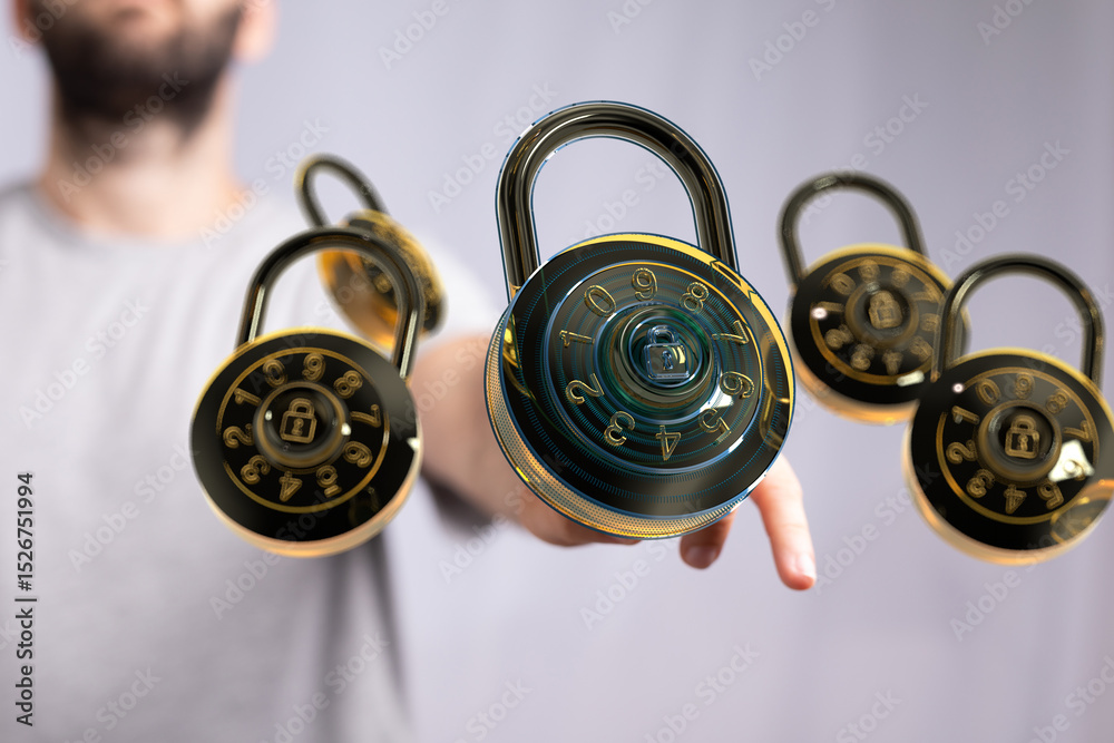 Aufkleber Cybersecurity concept.  Multiple digital locks floating, representing data encryption and online safety.