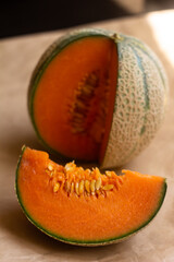 Close-Up of Freshly Sliced Cantaloupe Melon with Vibrant Orange Flesh
