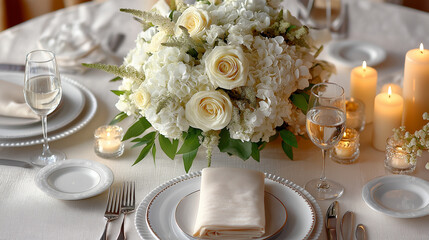 Elegant wedding table with floral centerpiece and fine china, radiating timeless romance and sophistication.