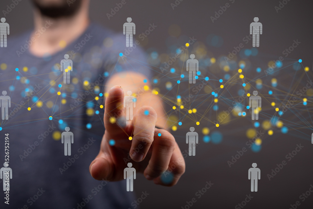 Poster hand interacts with a network of digital people, symbolizing global connections and communication.