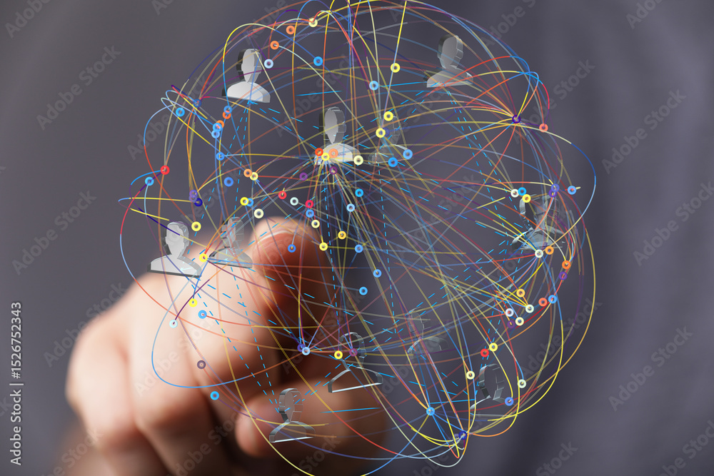 Poster Abstract image of a global network, showing interconnected people and data streams.