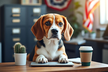 A curious beagle sits at a laptop, a cactus and coffee nearby in a home office