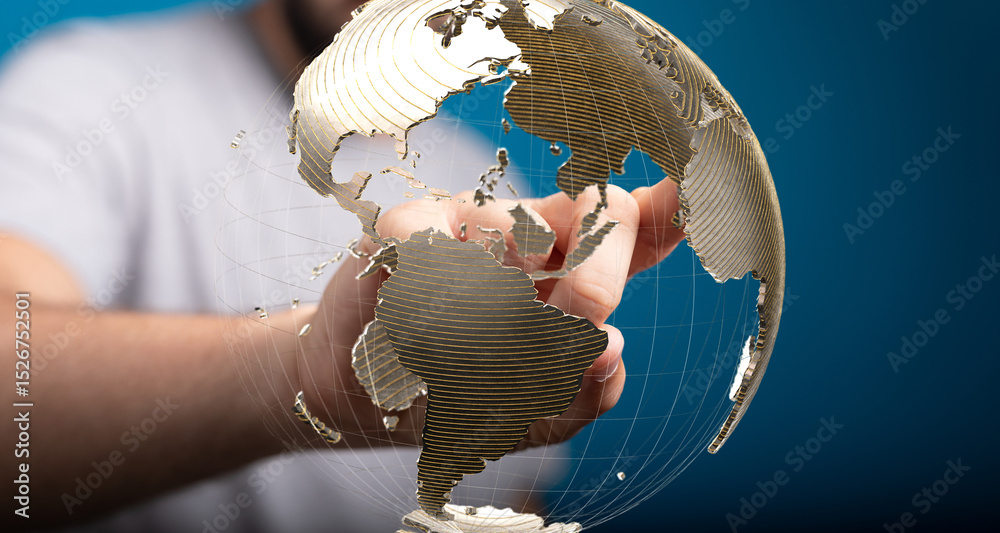 Poster High-quality image of a hand interacting with a digital globe, showcasing global connectivity and networking.