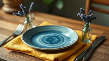 Obraz premium Lavender sprigs rest elegantly on a blue dinner plate arranged neatly with utensils and a yellow napkin, creating a serene table setting perfect for celebratory occasions or a relaxing meal.