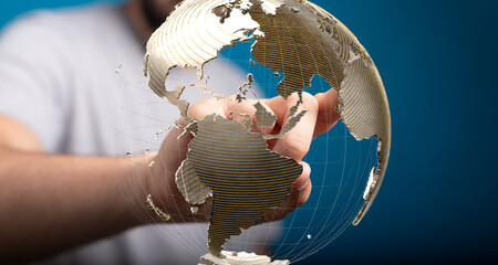 High-quality image of a hand interacting with a digital globe, showcasing global connectivity and...