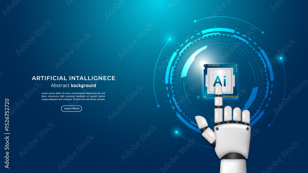 Aufkleber 3D A futuristic robotic hand pointing at AI chips. Future cybernetic artificial intelligence, innovation and Machine learning. Big data and deep learning technology concept. Vector illustration.