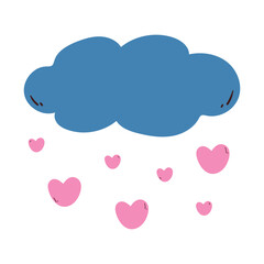 hand drawing cartoon blue cloud with pink heart rain shower. cute sky element for sticker and icon