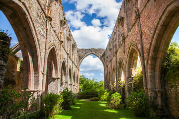 Old ruins of the church of Abbaye de Beauport in the town of Paimpol, in Bretagne, France