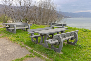 Benches and Table Concrete Durable Picnic Set Outdoor Furniture at Danube River