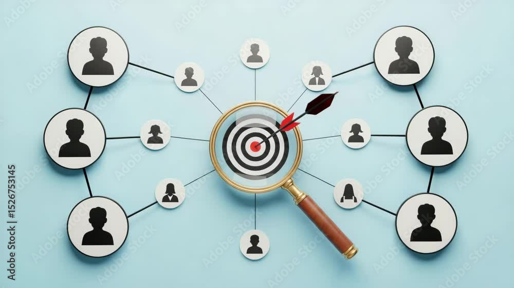 Poster magnifying glass focusing on target with arrow surrounded by person icons on blue background