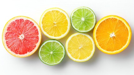 Fototapeta premium fresh citrus cross-sections in perfect symmetry, grapefruit lemon lime orange, clean white studio look