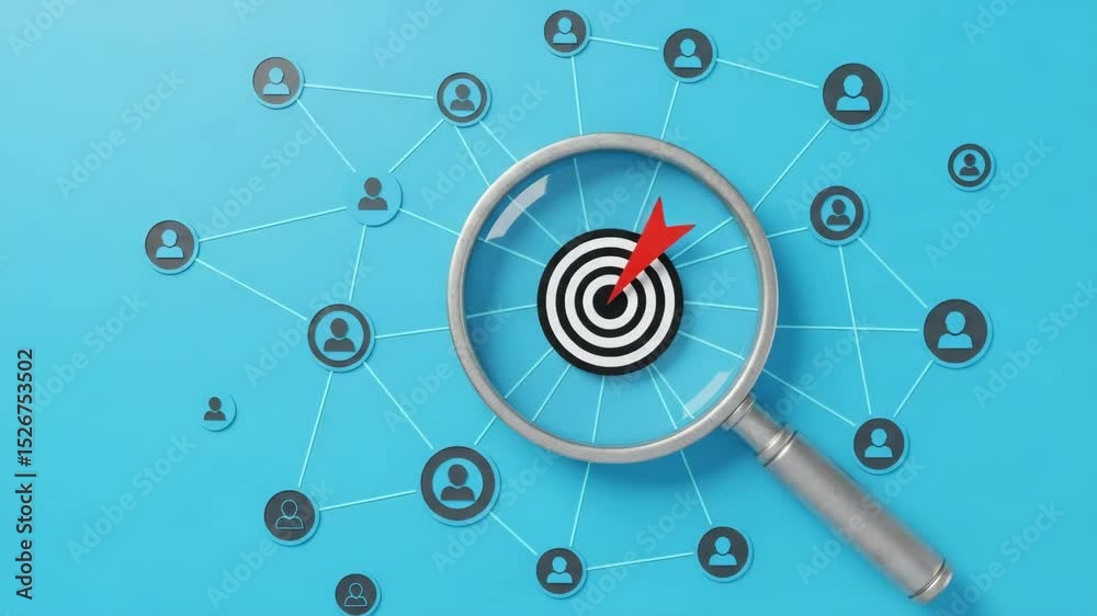 Aufkleber magnifying glass focusing on target with red arrow and network of people icons on blue background