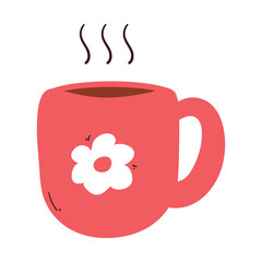 cute drawing cartoon pink cup with flower drawing. cute cup with chocolate drink for sticker and icon