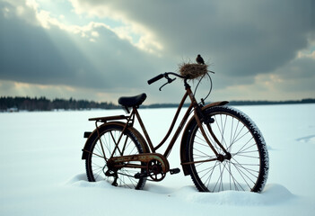 Obraz premium Vintage bicycle with a nest on the handlebars in a snowy landscape