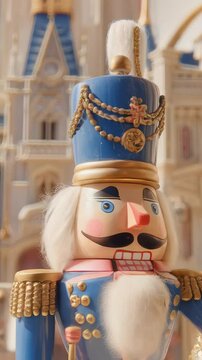 Christmas nutcracker doll in blue uniform holding walnuts in front of fairytale castle, holiday celebration with seasonal home decor