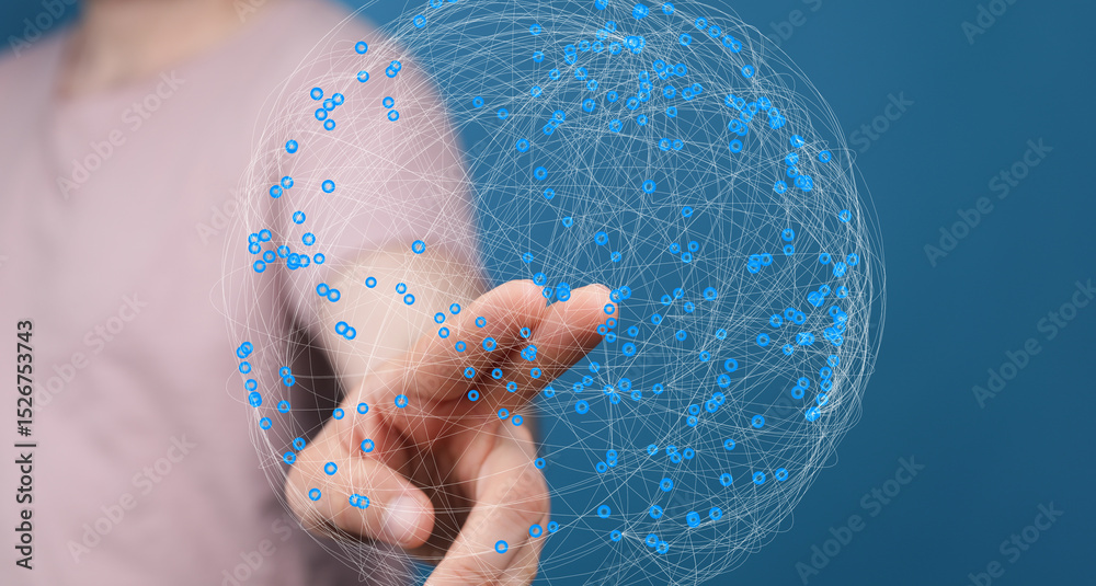 Poster Abstract image of a hand interacting with a digital sphere representing global network connections.