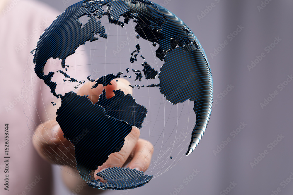 Poster high-quality stock photo of a hand interacting with a 3d model of the earth, representing global con