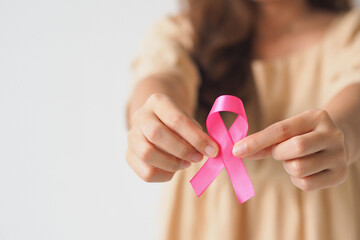 Pink breast cancer awareness ribbon. October Breast cancer awareness month. Healthcare and medicine concept. 