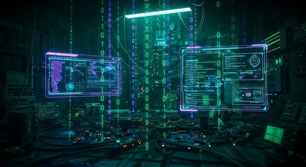 Futuristic interior with glowing holographic displays and binary code, showcasing advanced technology.
