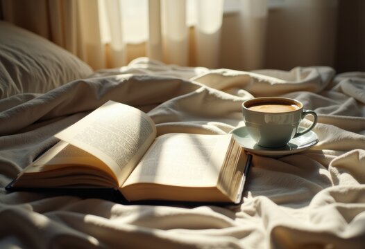 A cozy scene with an open book and a cup of coffee on a bed