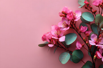 Flowers composition. Pink flowers and eucalyptus leaves on pastel pink background. Flat lay, top view, copy space