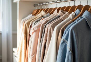 A row of neatly hung casual shirts and jackets on wooden hangers in a wardrobe