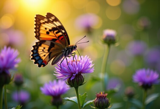 Colorful butterfly perched on a vibrant purple flower in a sunny garden