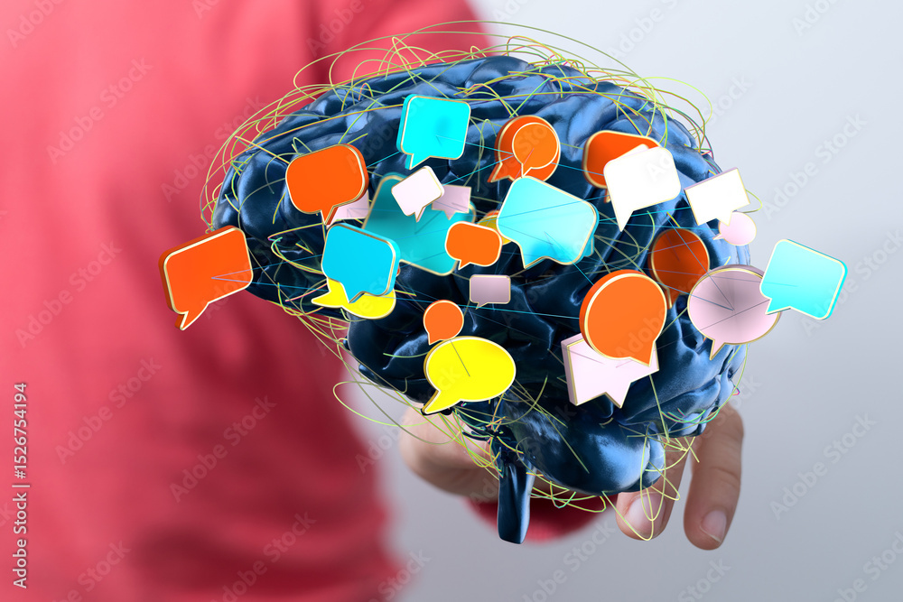 Poster Abstract image of a brain with colorful speech bubbles, representing communication, ideas, and mental processes.