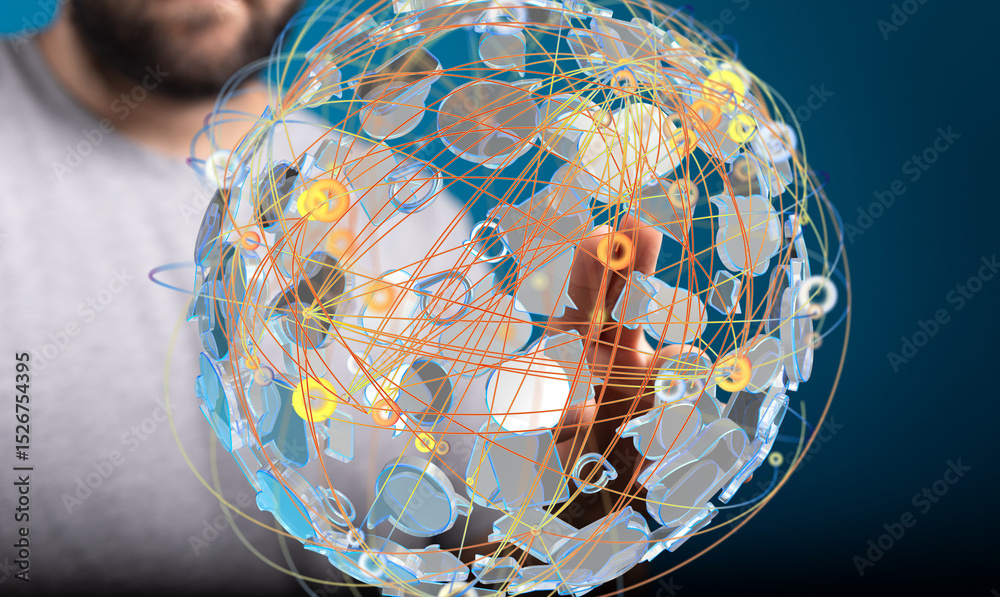 Poster abstract image of a person interacting with a digital globe, representing global connections and net