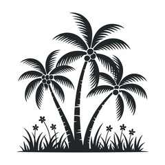 Silhouette Illustration of Three Palm Trees with Coconuts Grass and Flowers in a Tropical Setting Isolated on a White Background